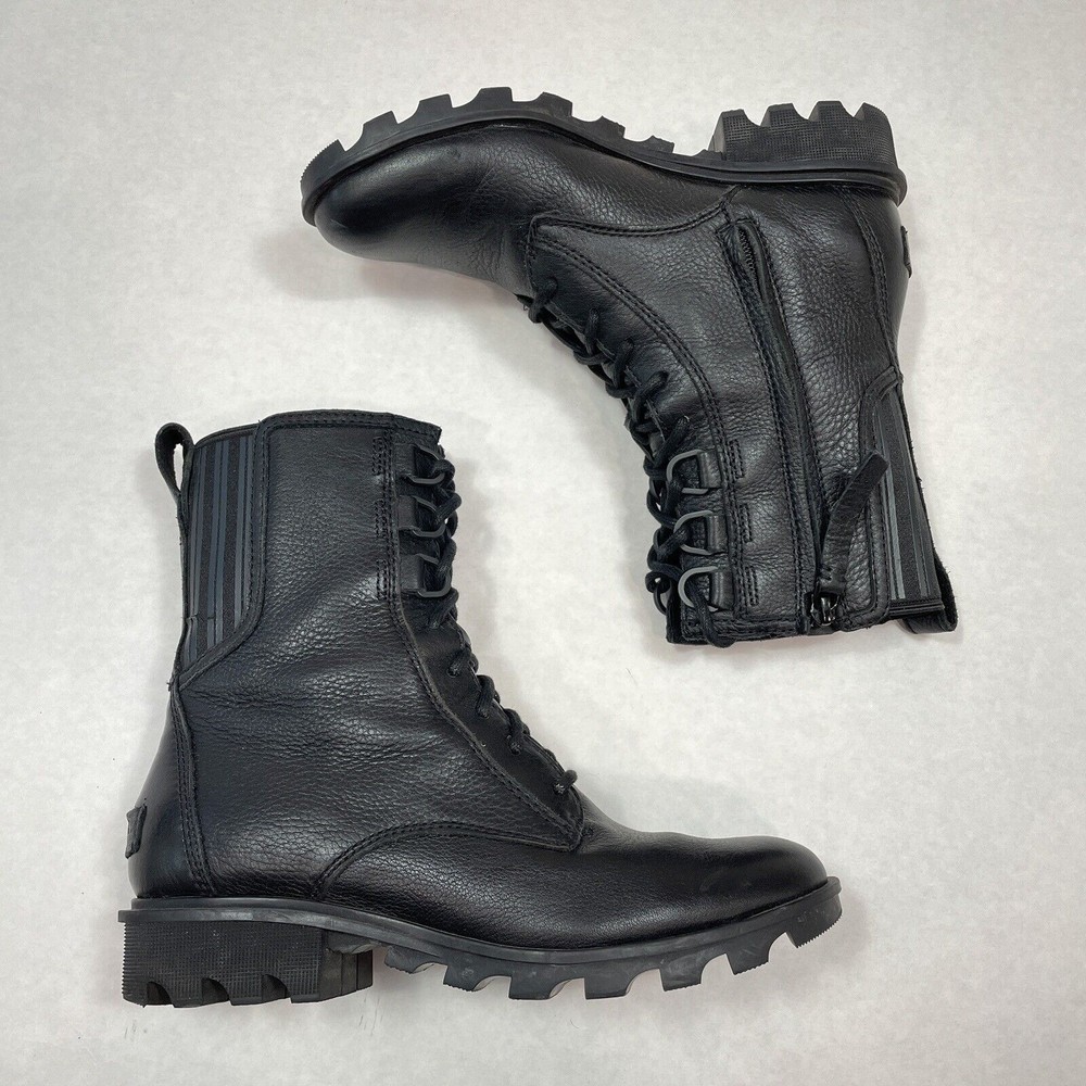 Sorel Phoenix Lace-Up Boots Womens Size 8 Black Combat Leather Waterproof NL3003